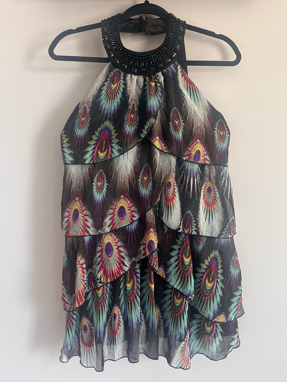 Black Layered Peacock-Print Halter Dress, Size S